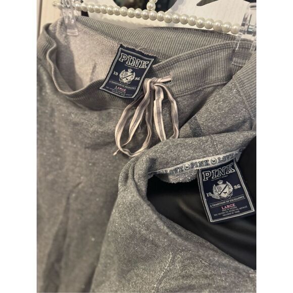 VS PINK grey glitter hooded pullover sweatshirt & pants  set- sweatsuit large - Picture 9 of 9